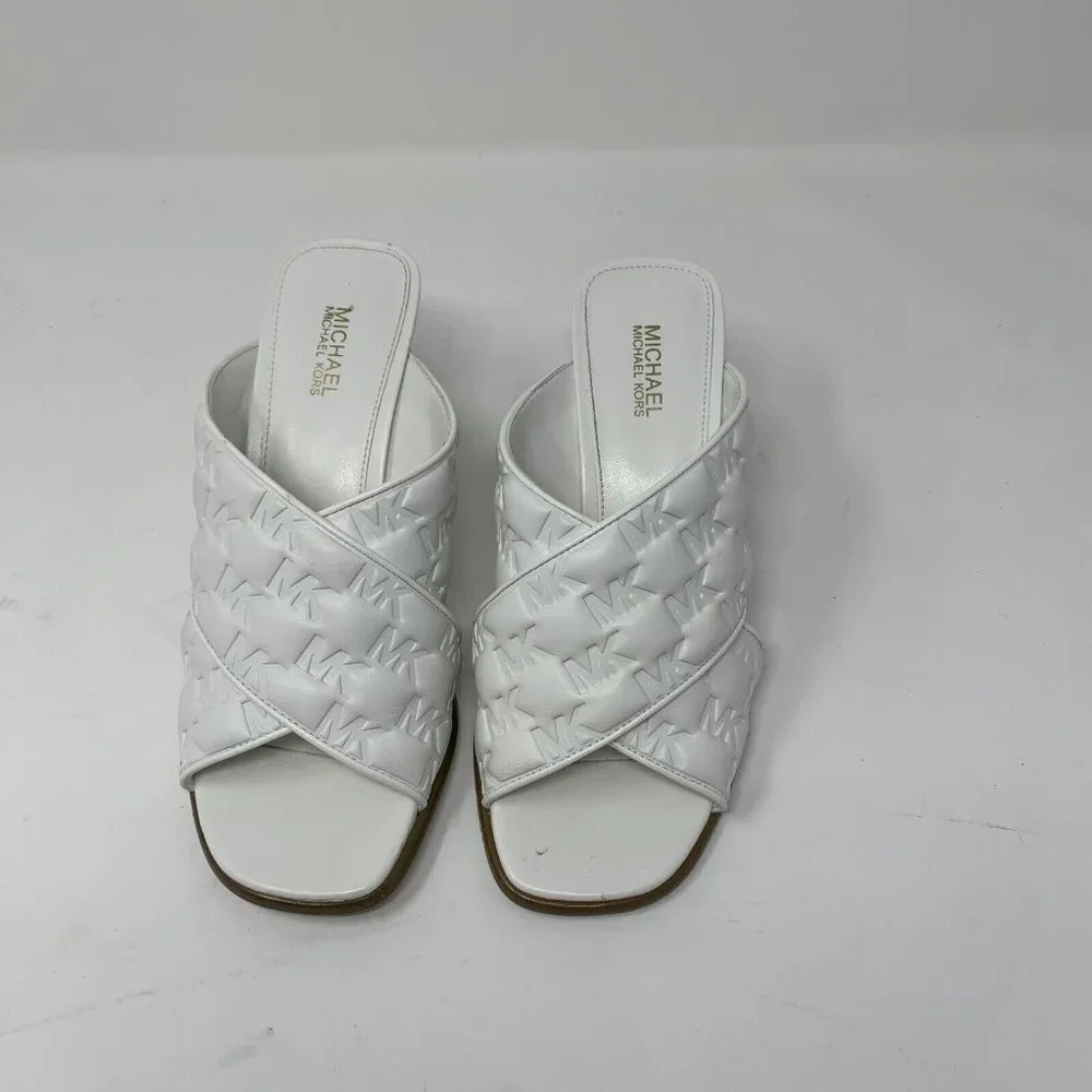 Michael Kors Gideon Mule Sandals Women's 5 M White EMB Faux Leather Heeled S0593
